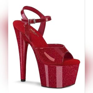Pleaser Red Glitter Platform Sandal with Ankle Strap Size 8